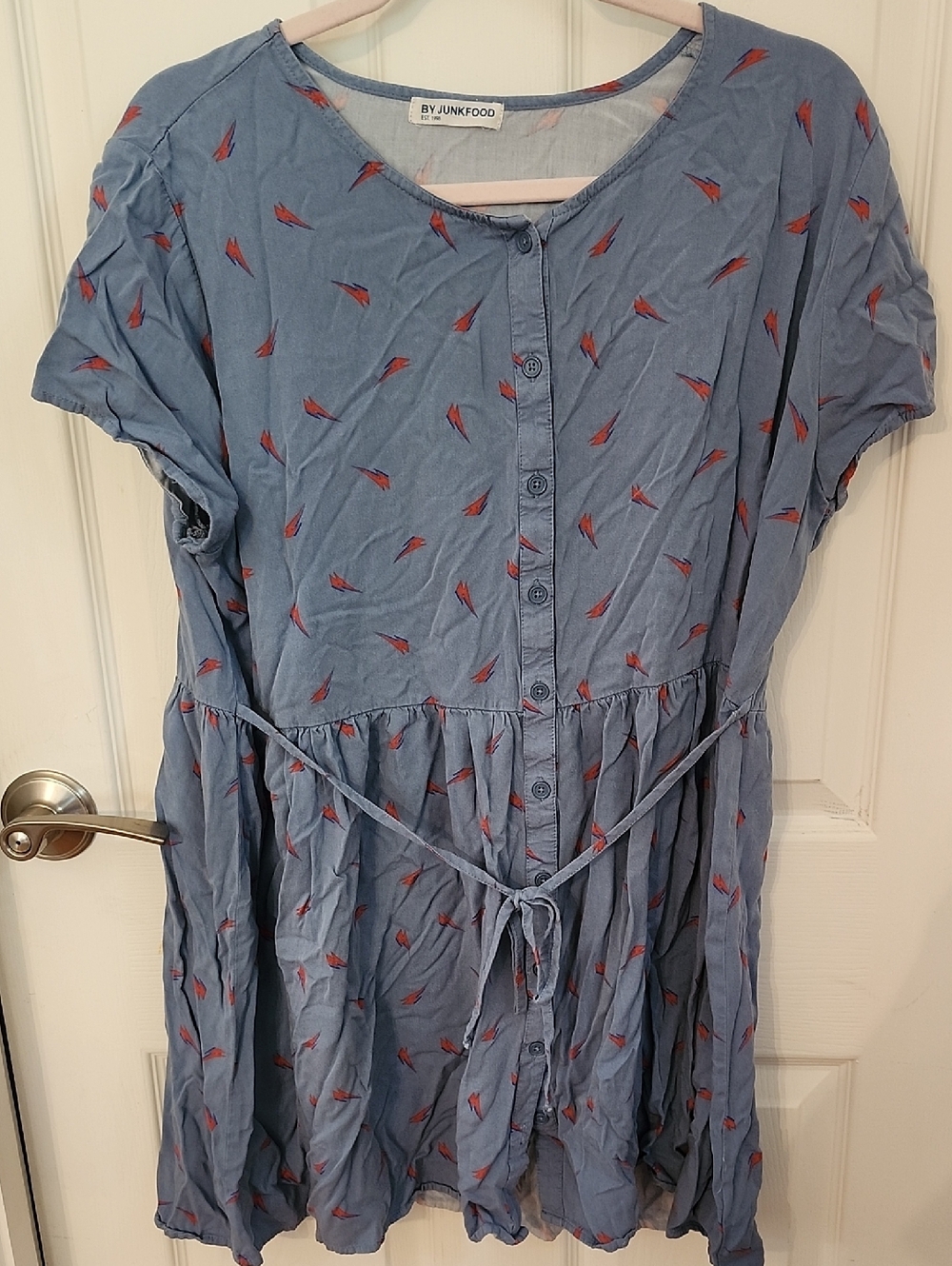Junkfood Blue David Bowie Button-Front Dress with Lightning Bolt Print